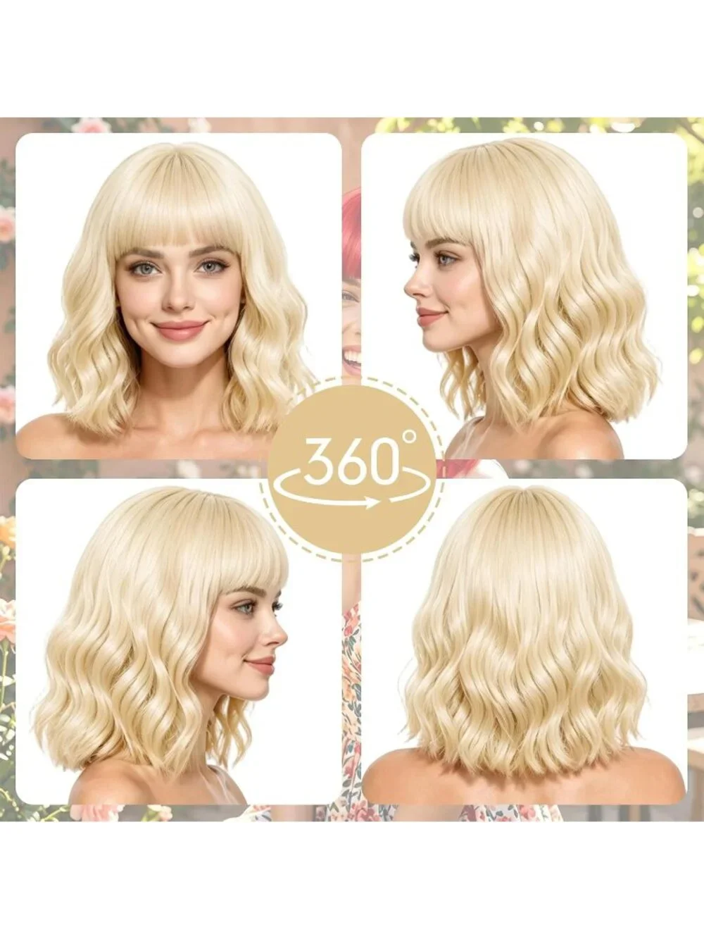Women's Blonde Curly Bob Synthetic Wigs Bangs With Neon Heart Sunglasses